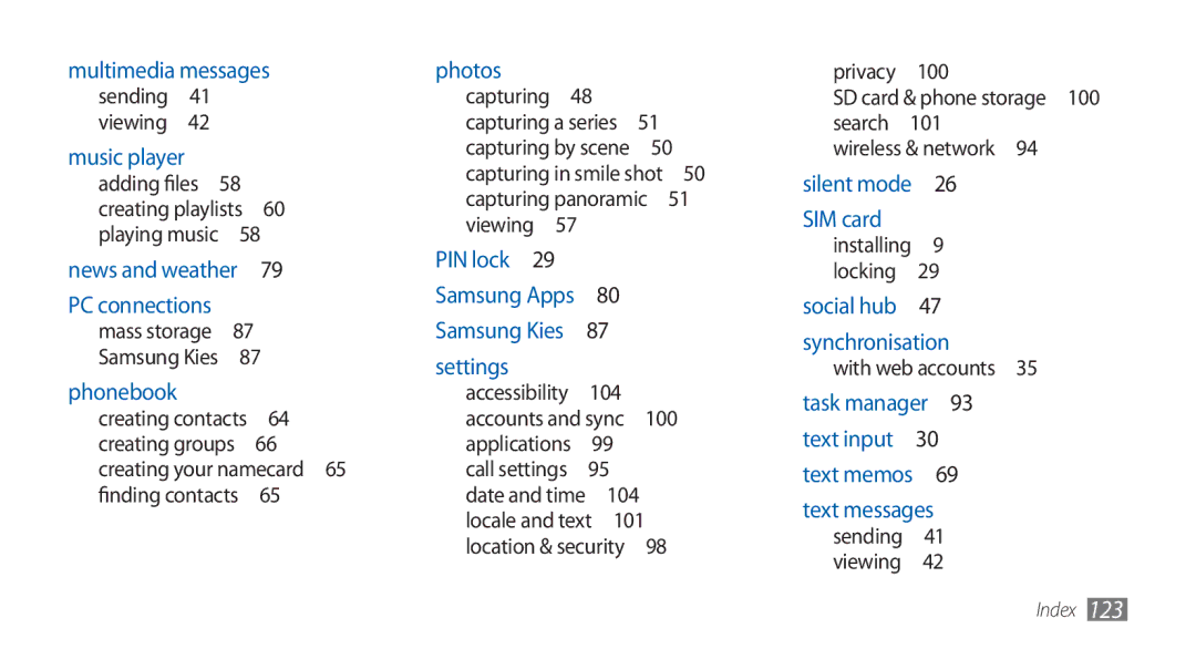 Samsung GT-S5570EGAMID, GT-S5570AAATUR, GT-S5570AAAAFR 100, 104, 101, Privacy , Wireless & network , With web accounts  